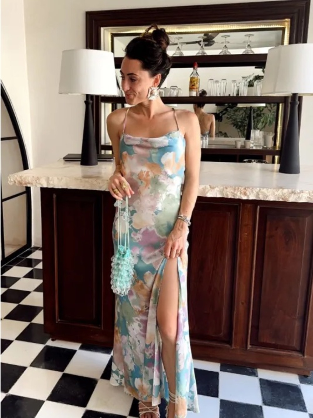 12th Tribe Pastel Floral Slip Maxi Dress in Blue, Pink, Green